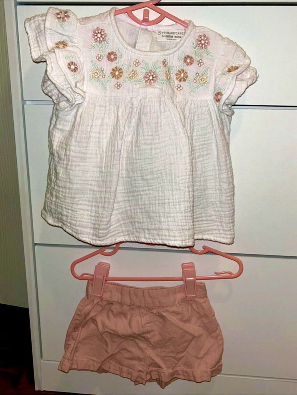 Primark White Top with Pink Embroidered Flowers and Pink Shorts Set